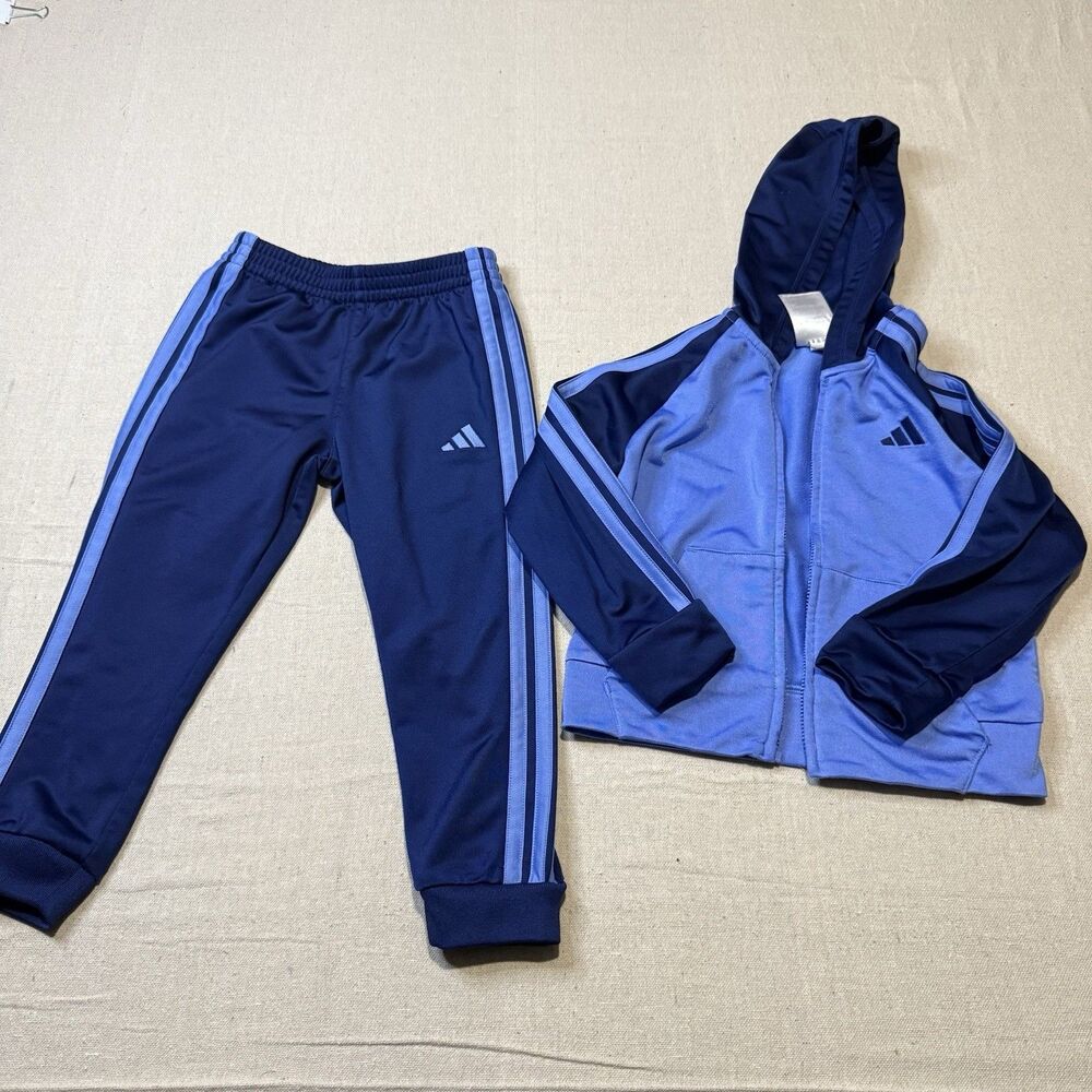 Adidas Toddler Boys Sz 4T Tracksuit Sweat Suit Set Blue Athletic Zipper Flawed